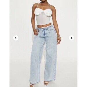 Fashion Nova Lacey Baggy Wide Leg Denim Jeans Light Wash Size 13